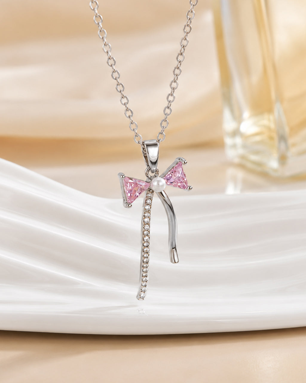 Pink Bow Pendant Necklace – Silver Finish