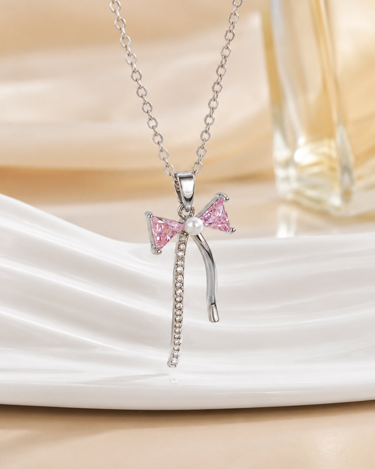 Pink Bow Pendant Necklace – Silver Finish