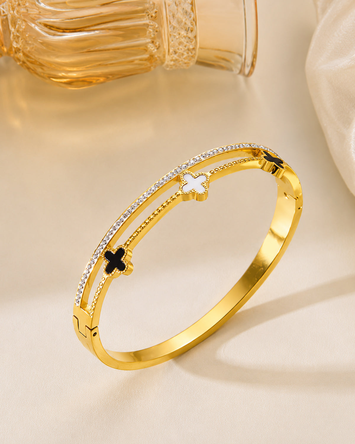 Gold Clover Cuff Bracelet with Crystal Accents