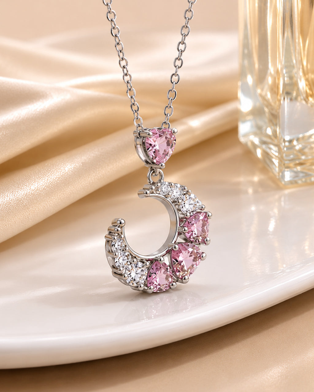 Pink Heart & Crescent Pendant Necklace – Silver Finish