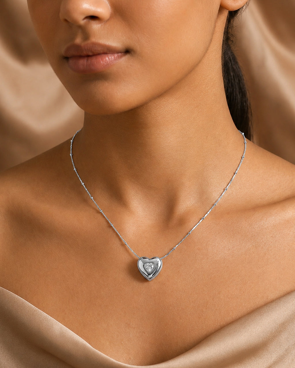 Floating Heart Pendant Necklace – Silver Tone