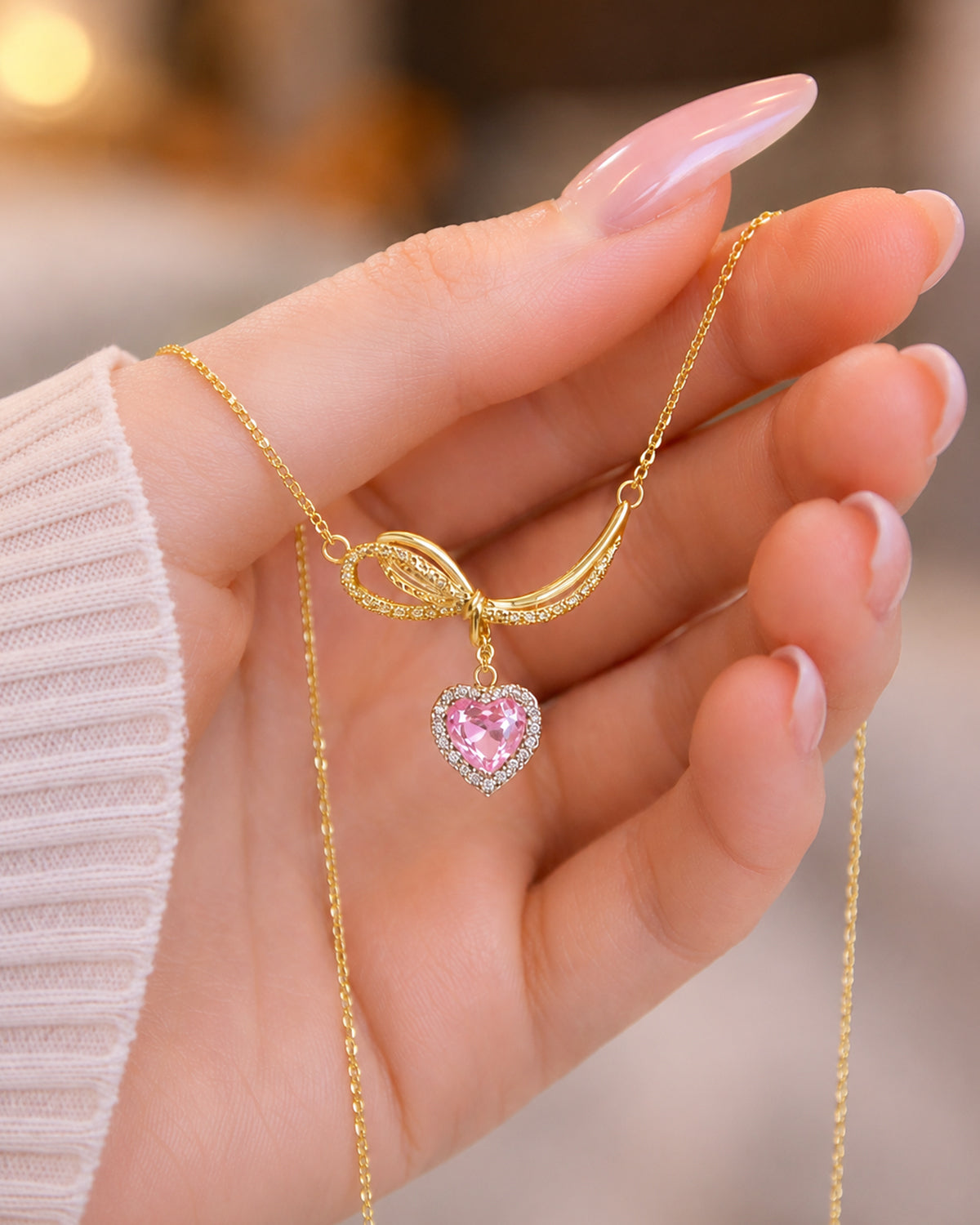 Pink Heart Bow Pendant Necklace