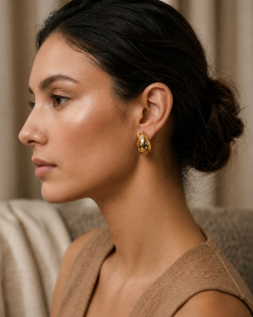 Crystal Studded Gold Teardrop Stud Earrings