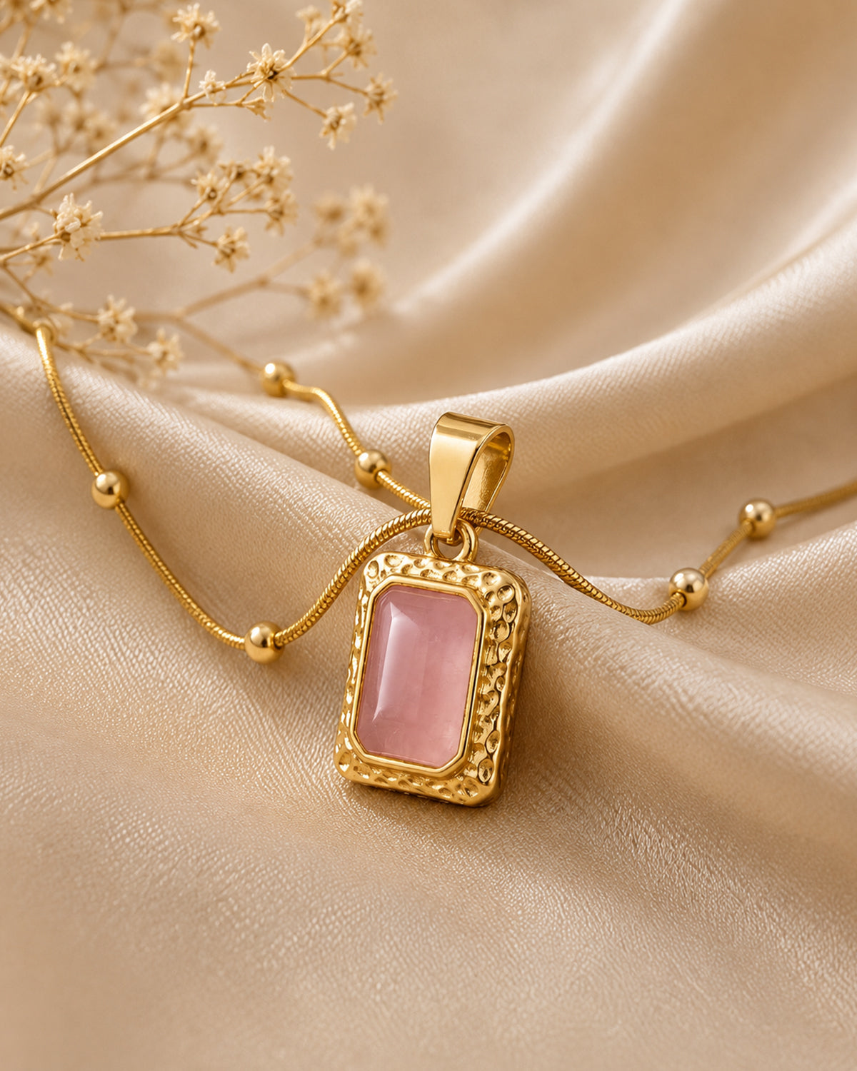 Pink Cat's Eye Rectangle Pendant Necklace