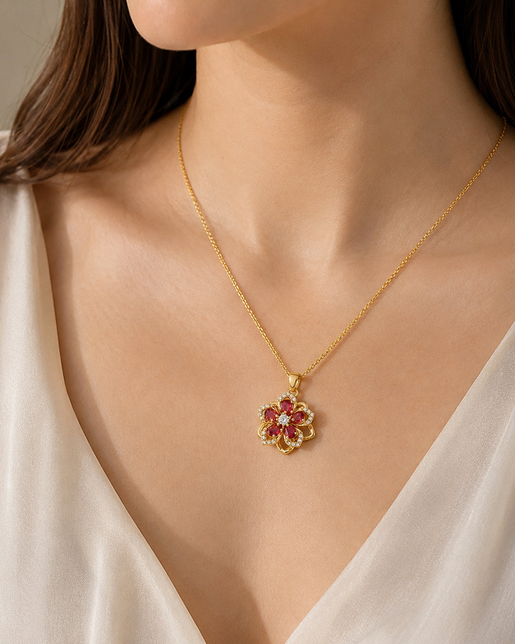 Ruby Bloom Floral Pendant Necklace