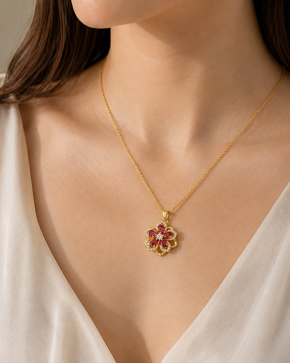 Ruby Bloom Floral Pendant Necklace