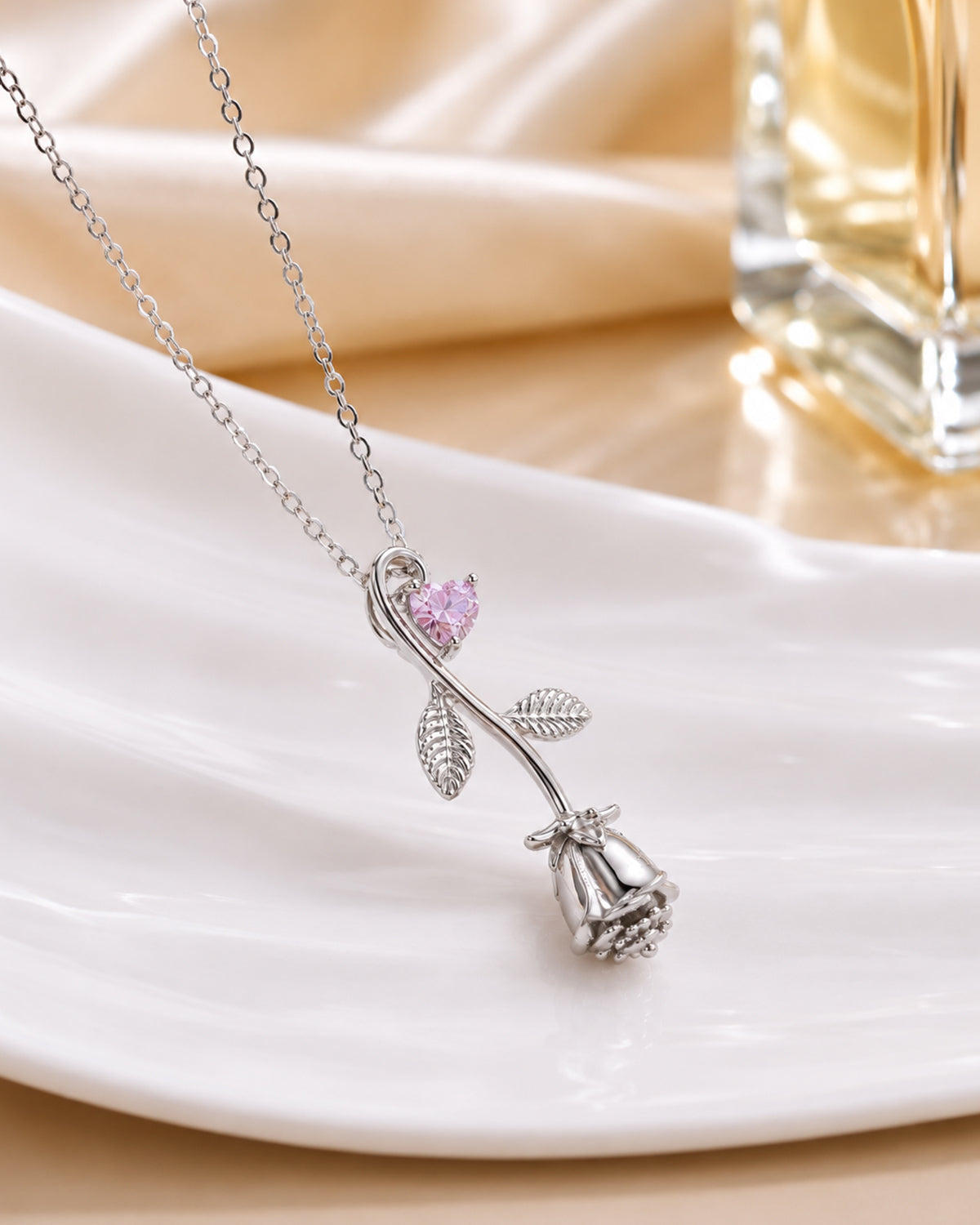 Pink Rose Blossom Pendant Necklace – Silver Finish