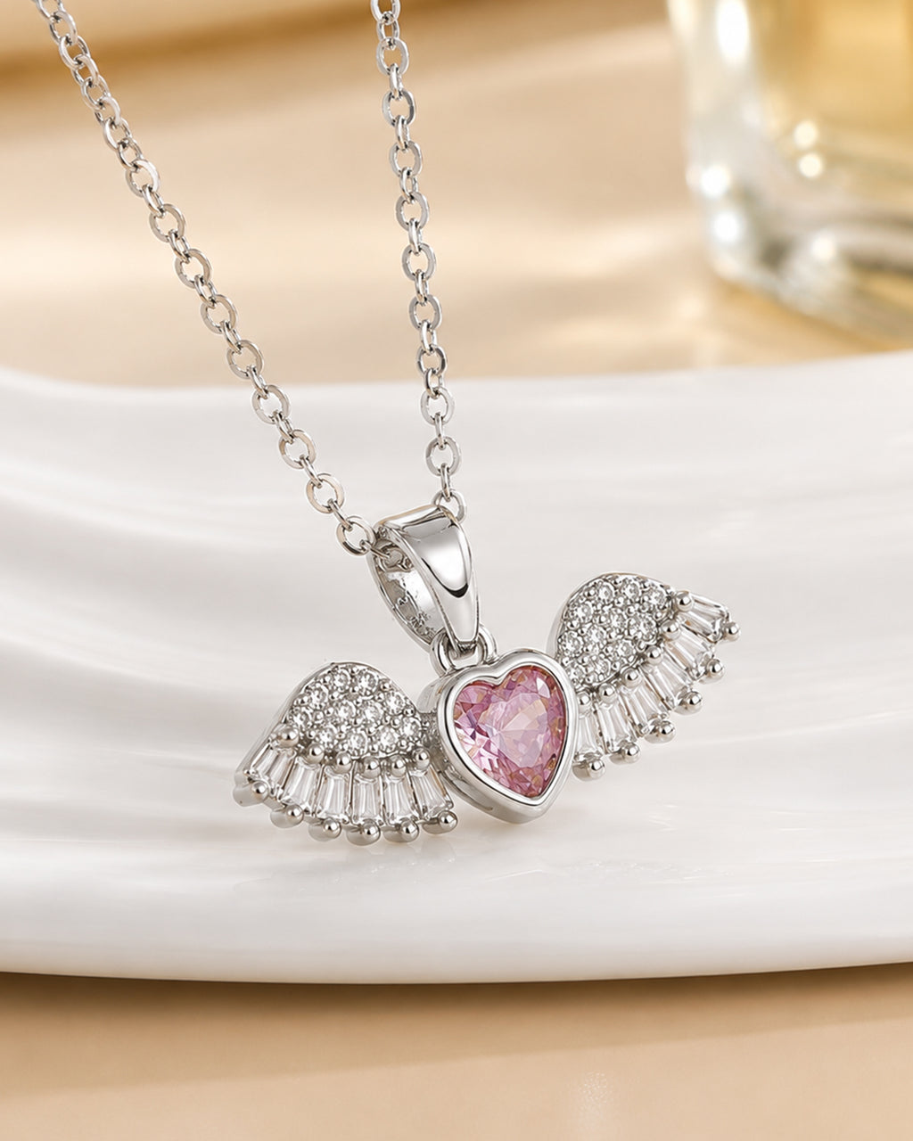 Angel Wings Heart Pendant Necklace – Silver Finish