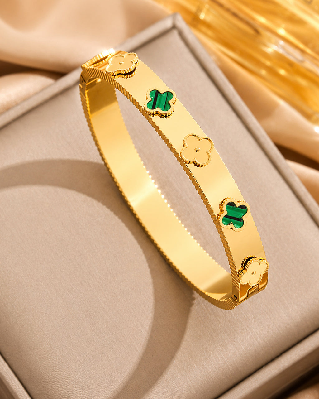 Green Clover Gold Plated Cuff Bracelet