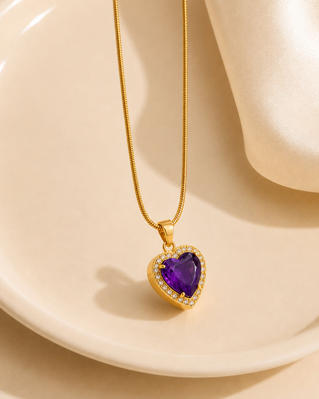 Heart Halo Pendant Necklace with Purple Centre Stone