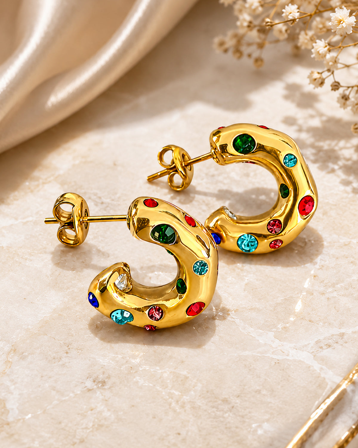 Multicolor Crystal Gold Hoop Earrings