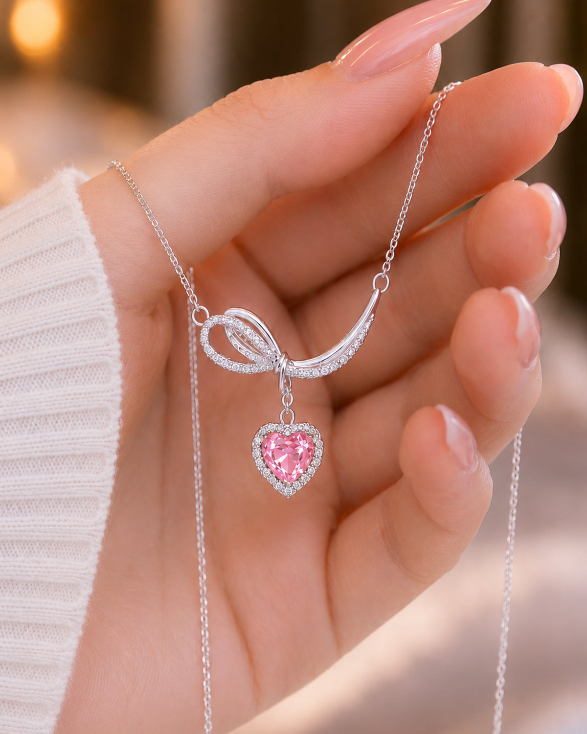 Silver Pink Heart Bow Pendant Necklace