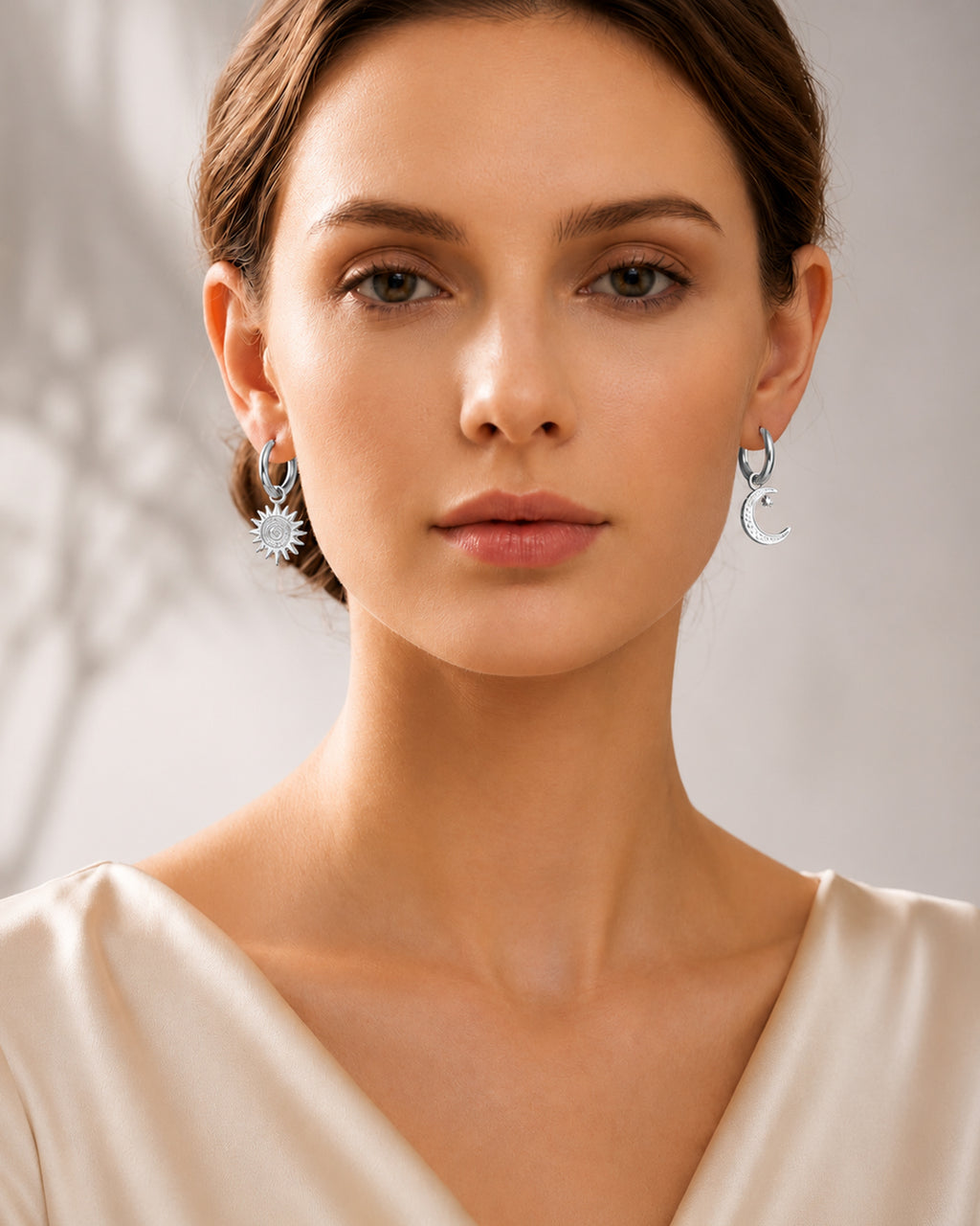 Silver Sun & Moon Charm Hoop Earrings