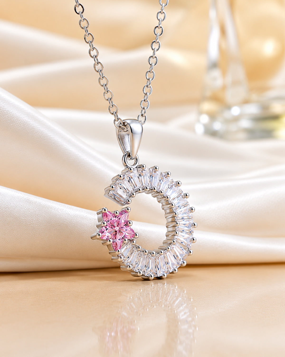 Pink Floral Halo Circle Pendant Necklace – Silver Finish