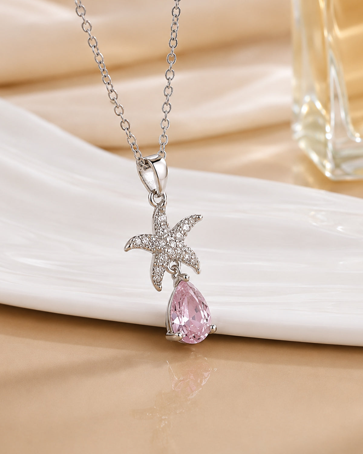 Pink Crystal Starfish Drop Pendant Necklace – Silver Finish