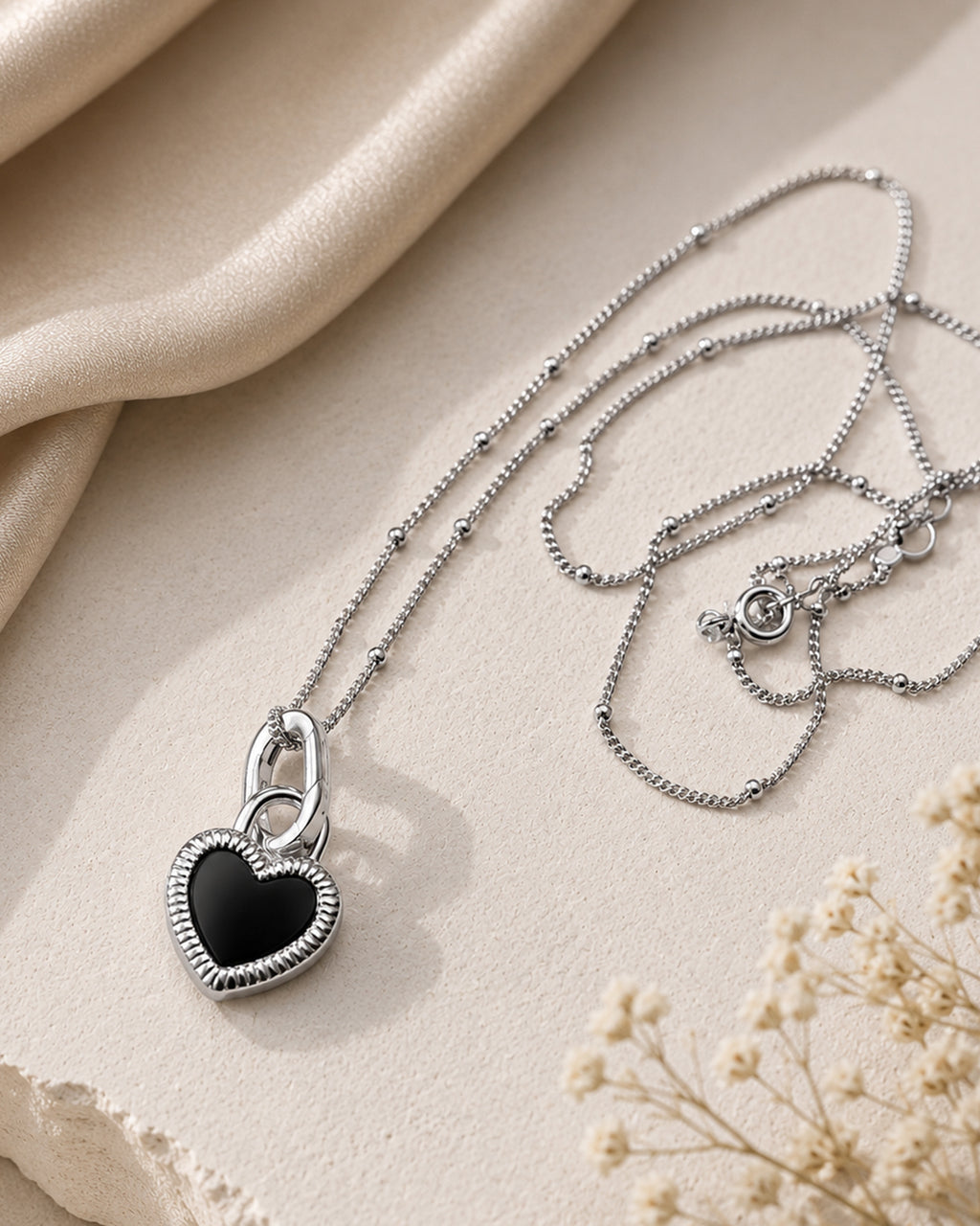Silver Black Heart Pendant Necklace