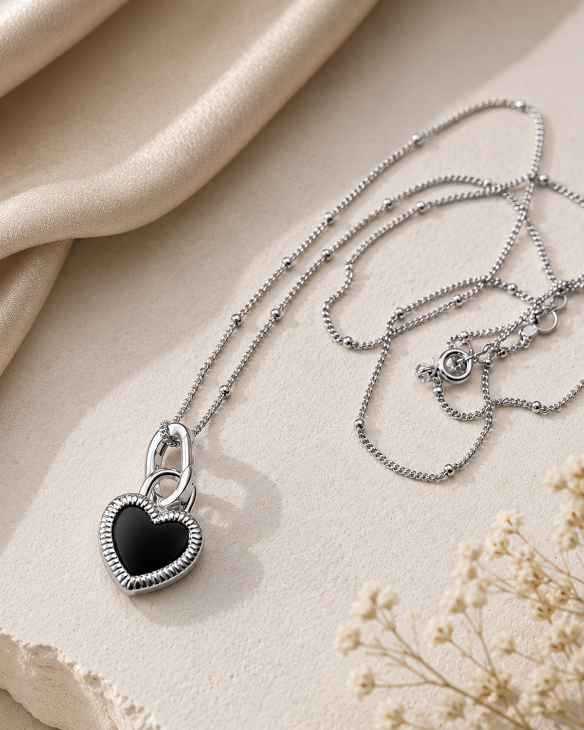 Silver Black Heart Pendant Necklace