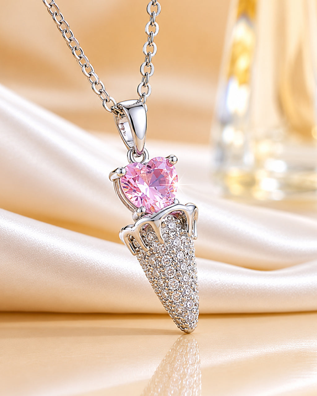 Pink Heart Ice Cream Cone Pendant Necklace – Silver Finish