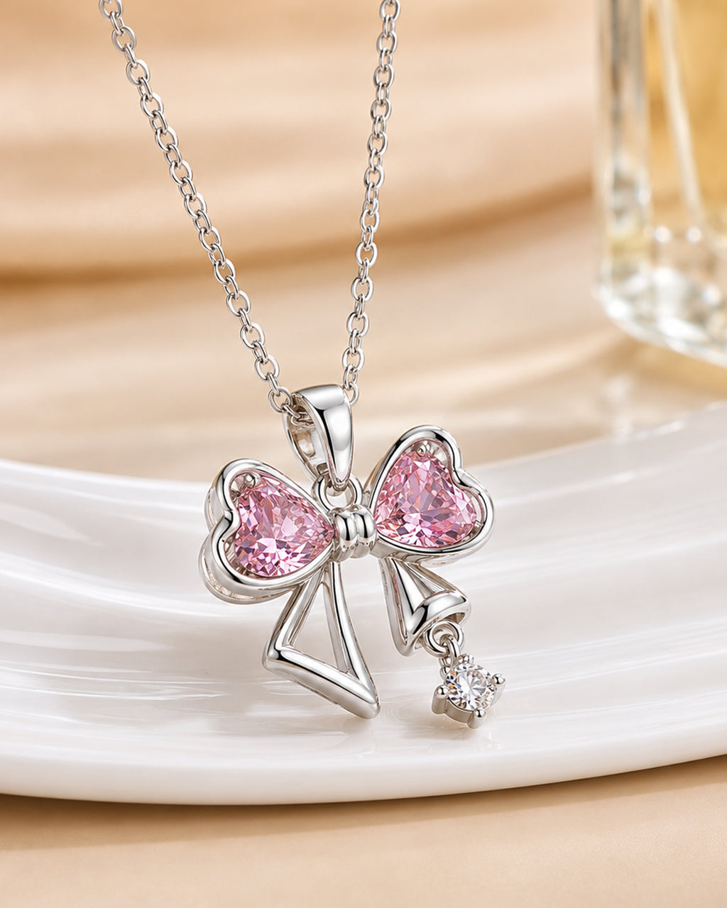 Pink Heart Bow Pendant Necklace – Silver Finish