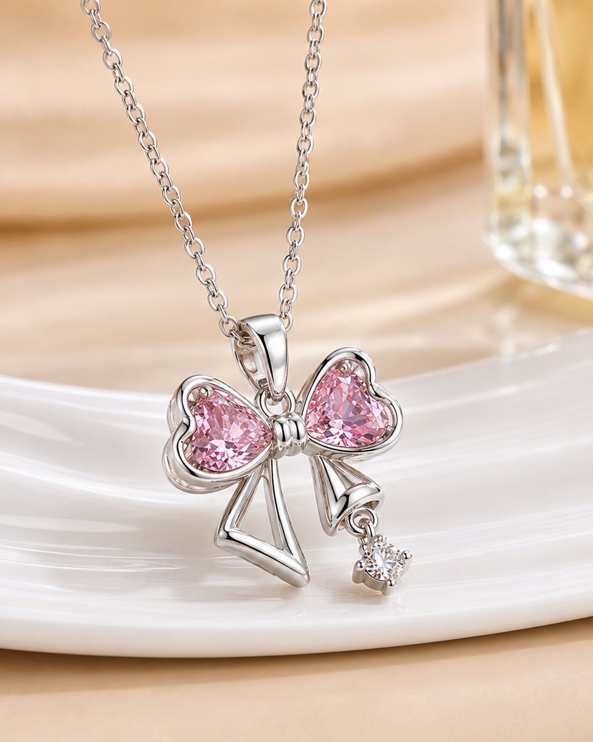 Pink Heart Bow Pendant Necklace – Silver Finish