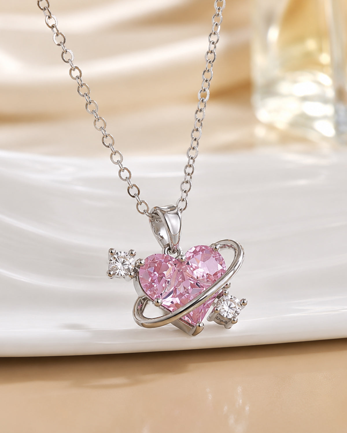 Pink Heart Orbit Pendant Necklace – Silver Finish