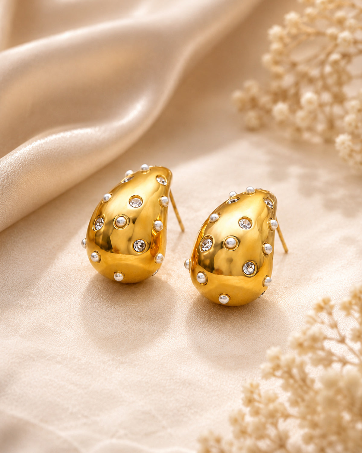Pearl & Crystal Gold Teardrop Stud Earrings