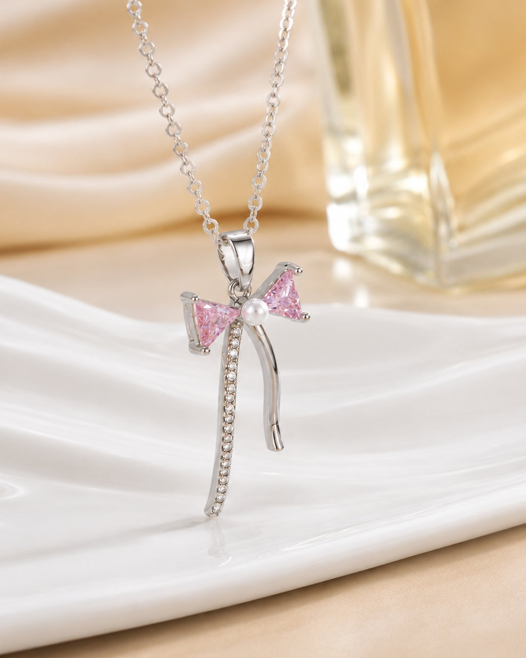Pink Bow Pendant Necklace – Silver Finish