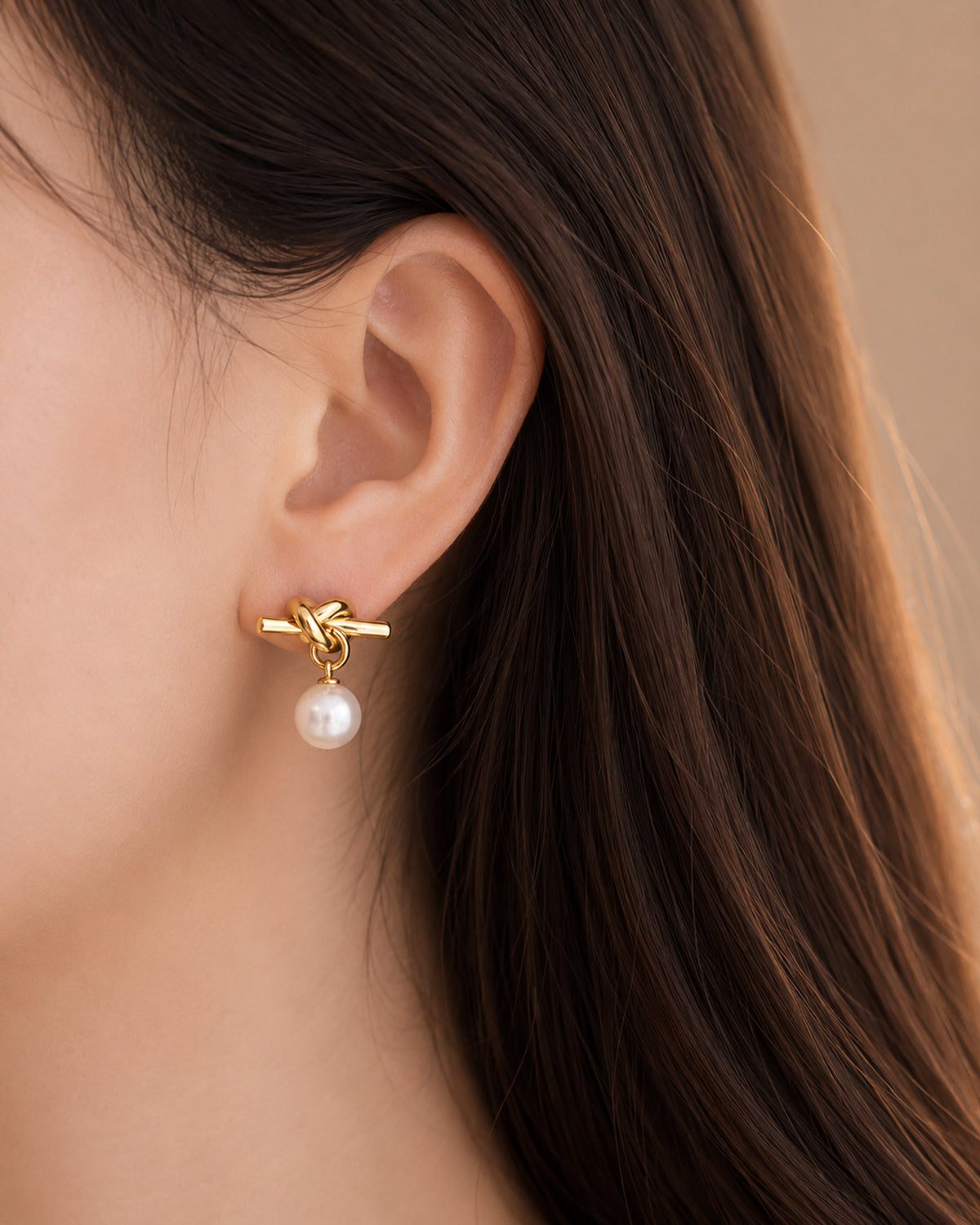 Gold Knot Pearl Drop Stud Earrings