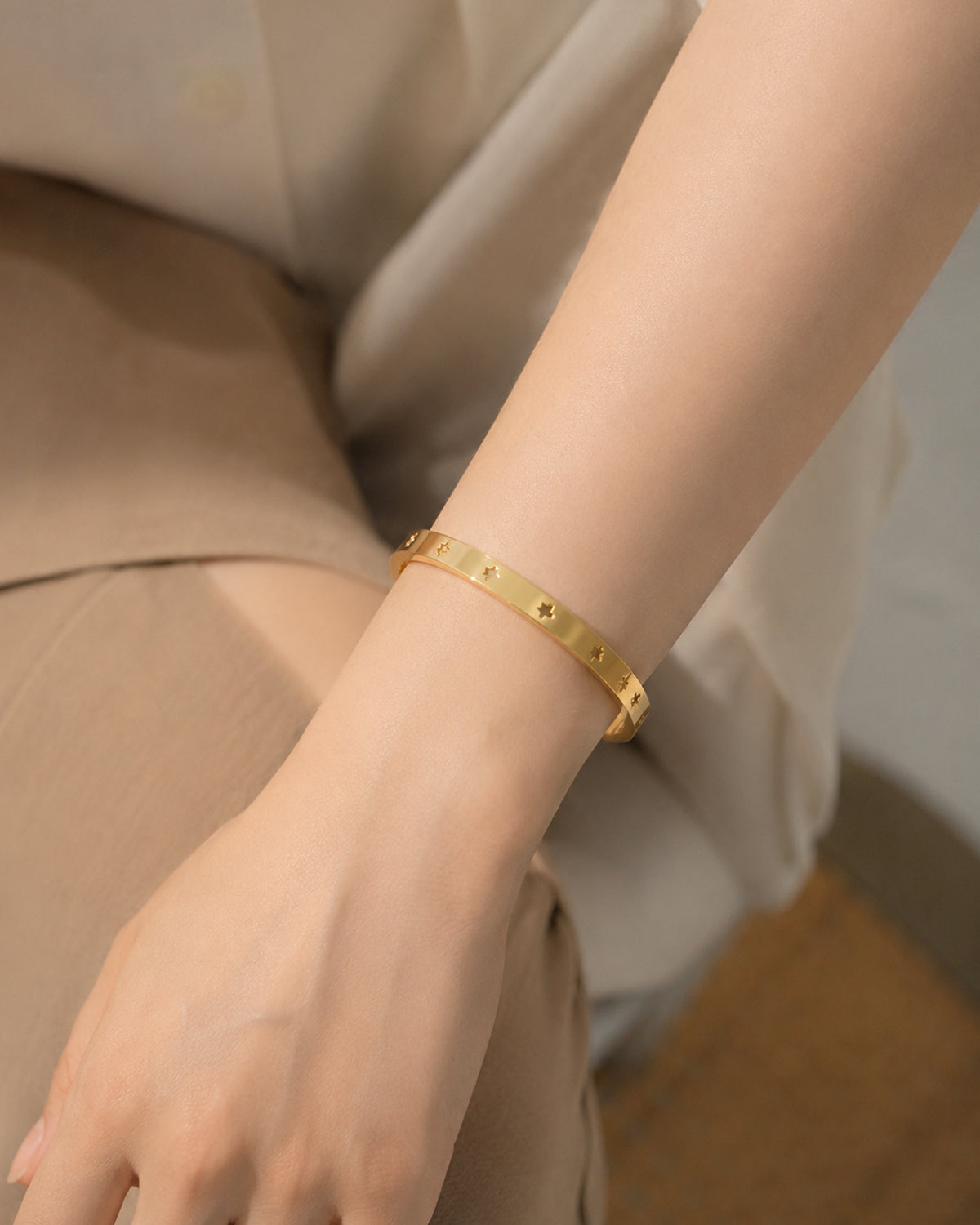 Gold Star Engraved Cuff Bangle Bracelet