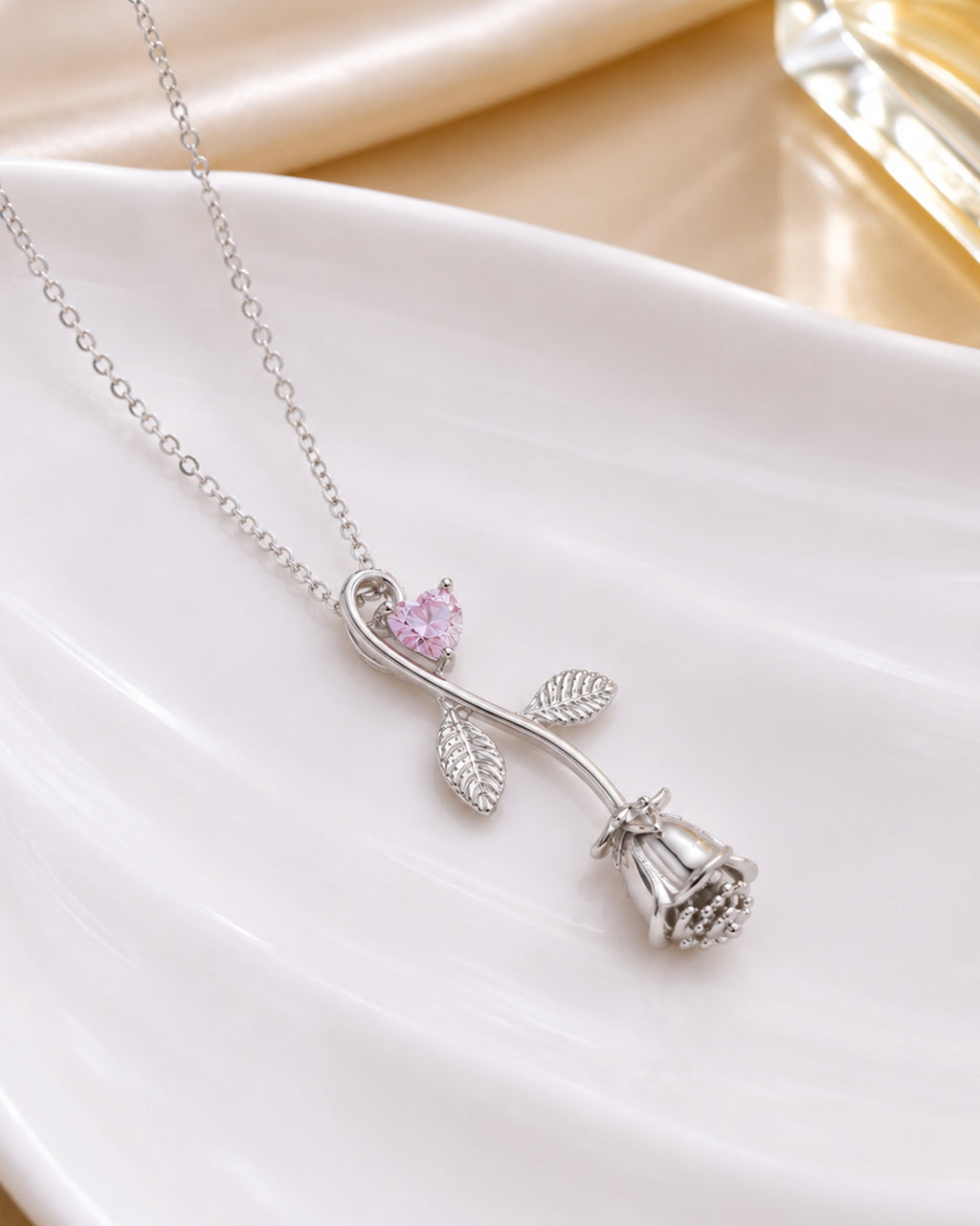 Pink Rose Blossom Pendant Necklace – Silver Finish
