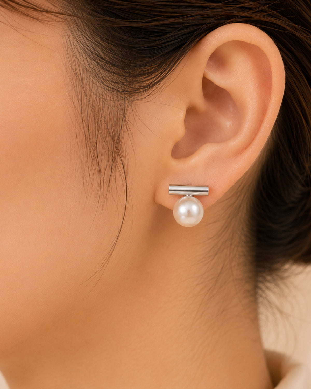 Minimal Pearl Bar Stud Earrings – Silver Finish