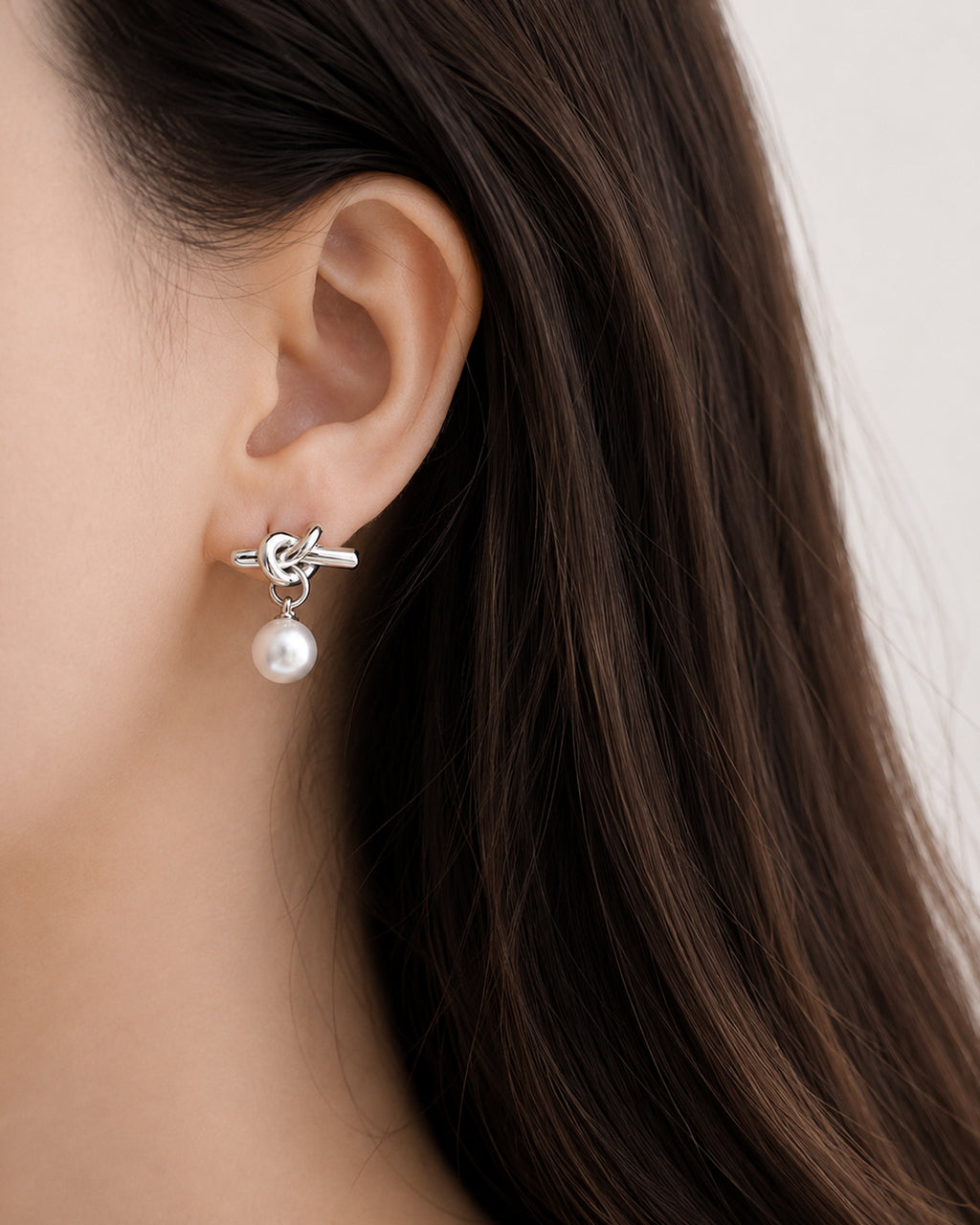 Silver Knot Pearl Drop Stud Earrings