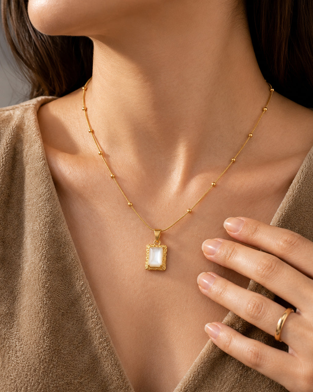 White Cat's Eye Rectangle Pendant Necklace