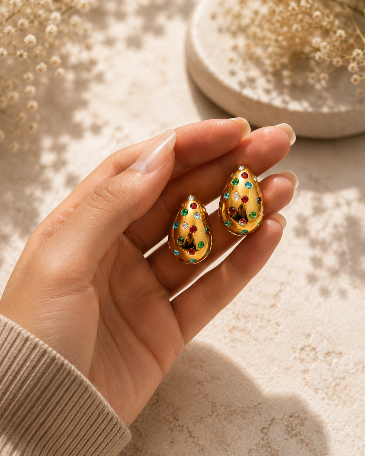 Multicolor Crystal Gold Teardrop Stud Earrings