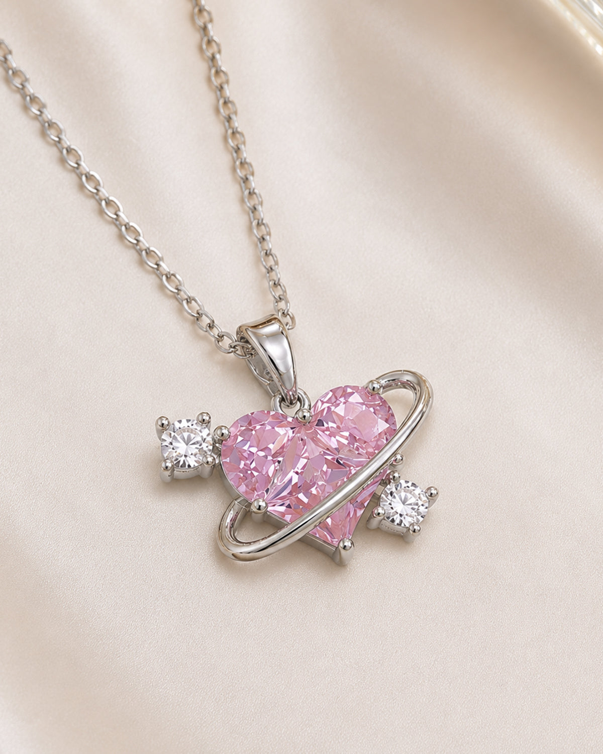 Pink Heart Orbit Pendant Necklace – Silver Finish