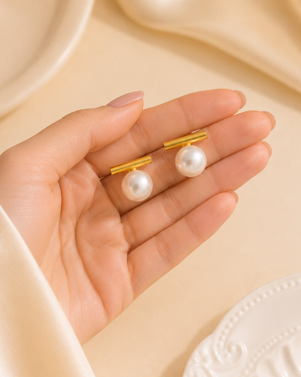 Minimal Pearl Bar Stud Earrings