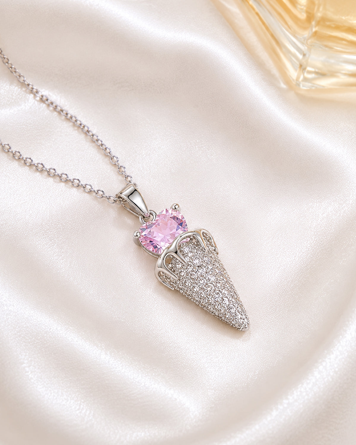 Pink Heart Ice Cream Cone Pendant Necklace – Silver Finish