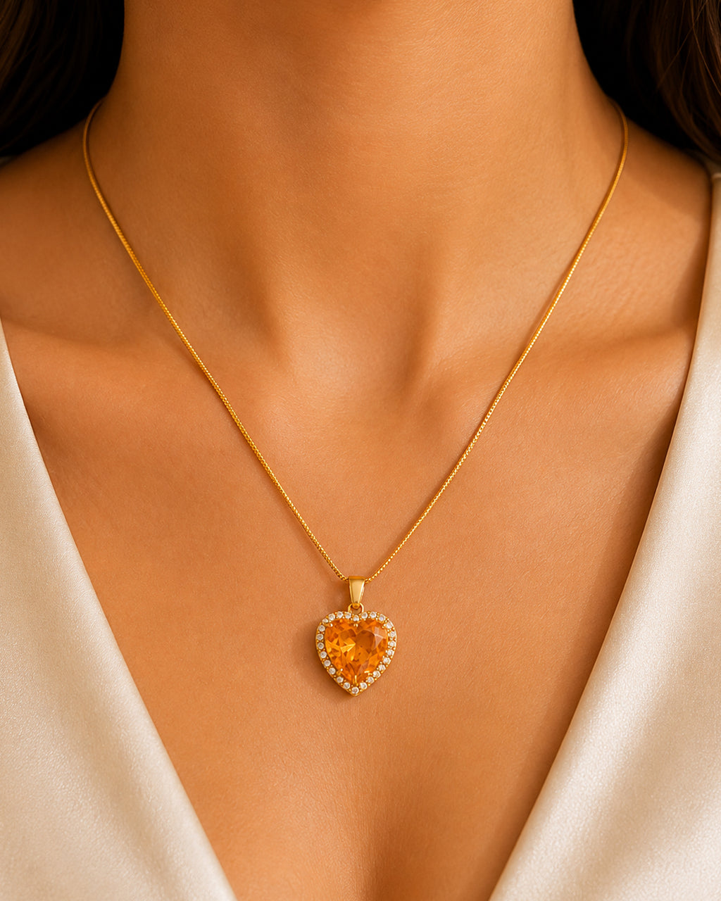 Heart Halo Pendant Necklace with Amber Centre Stone