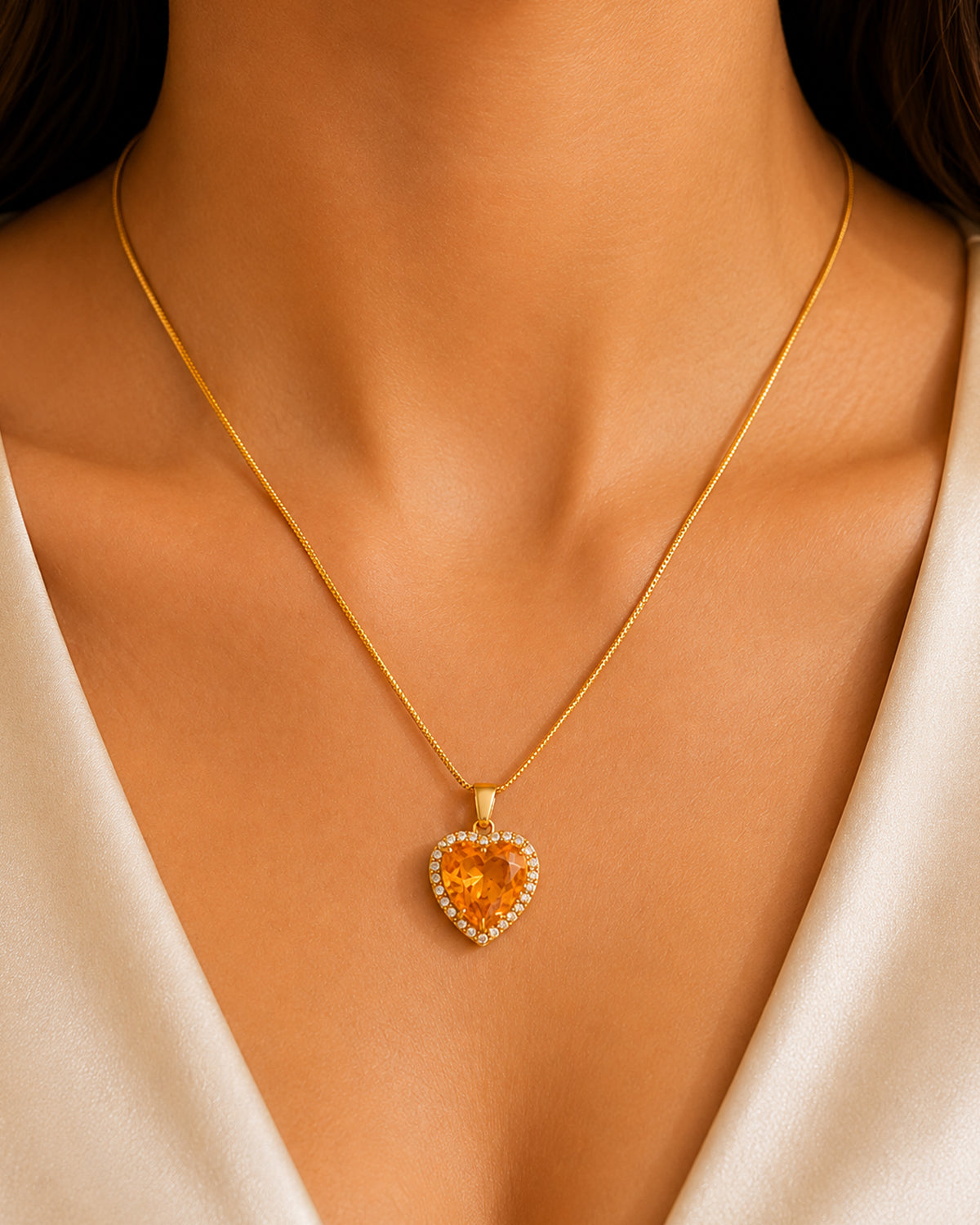 Heart Halo Pendant Necklace with Amber Centre Stone