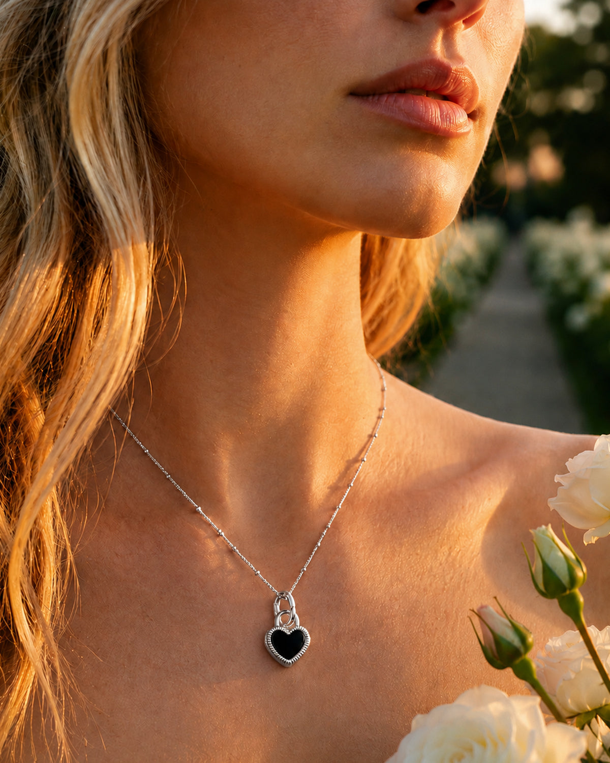Silver Black Heart Pendant Necklace