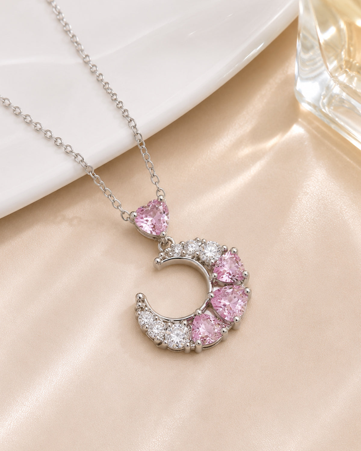 Pink Heart & Crescent Pendant Necklace – Silver Finish