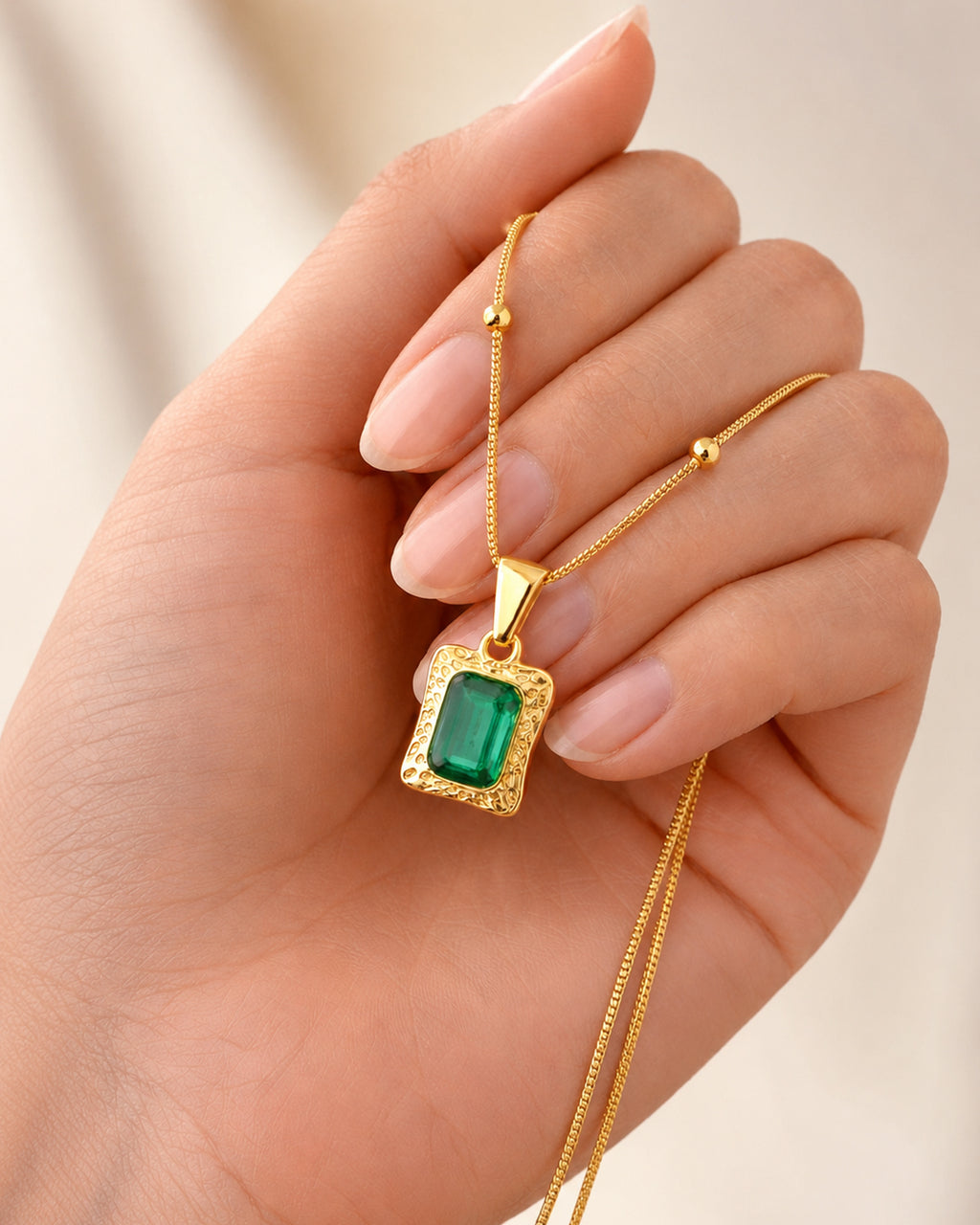Emerald-Cut Green Pendant Beaded Necklace