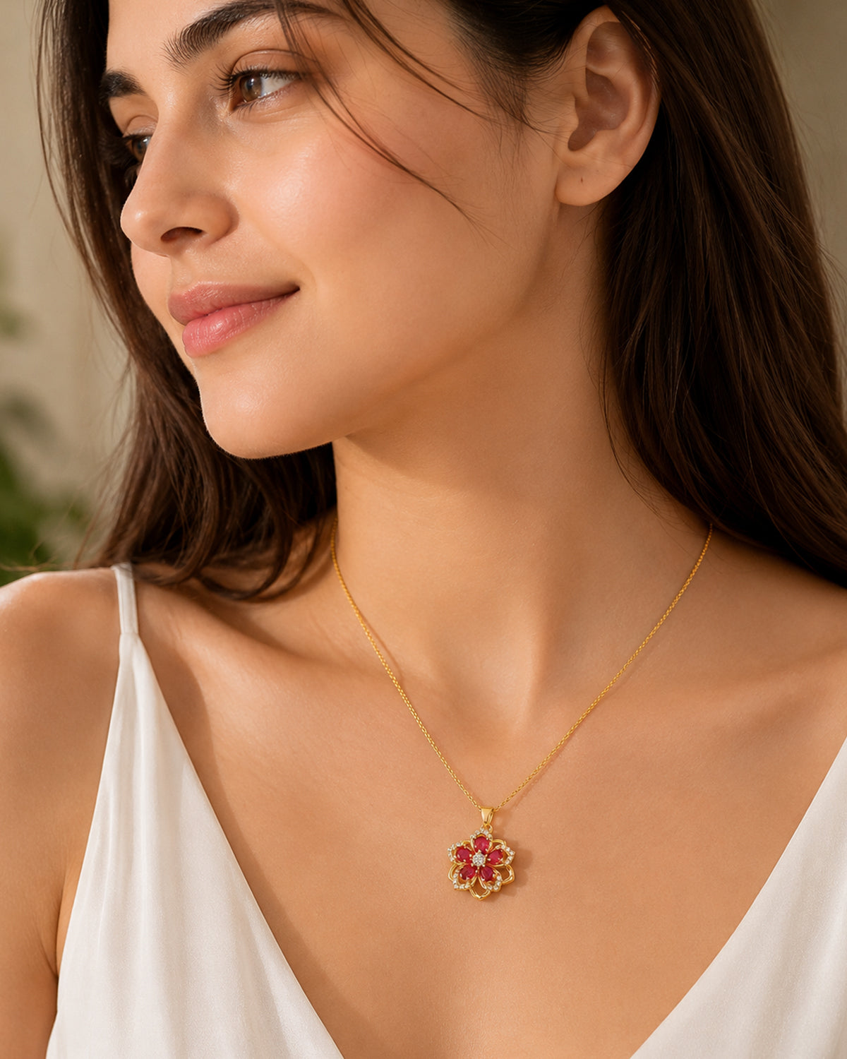 Ruby Bloom Floral Pendant Necklace