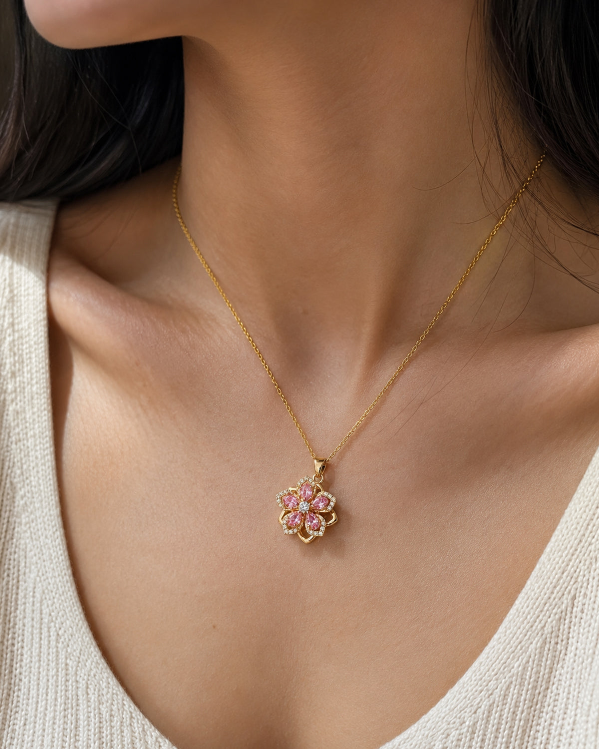 Pink Blossom Floral Pendant Necklace