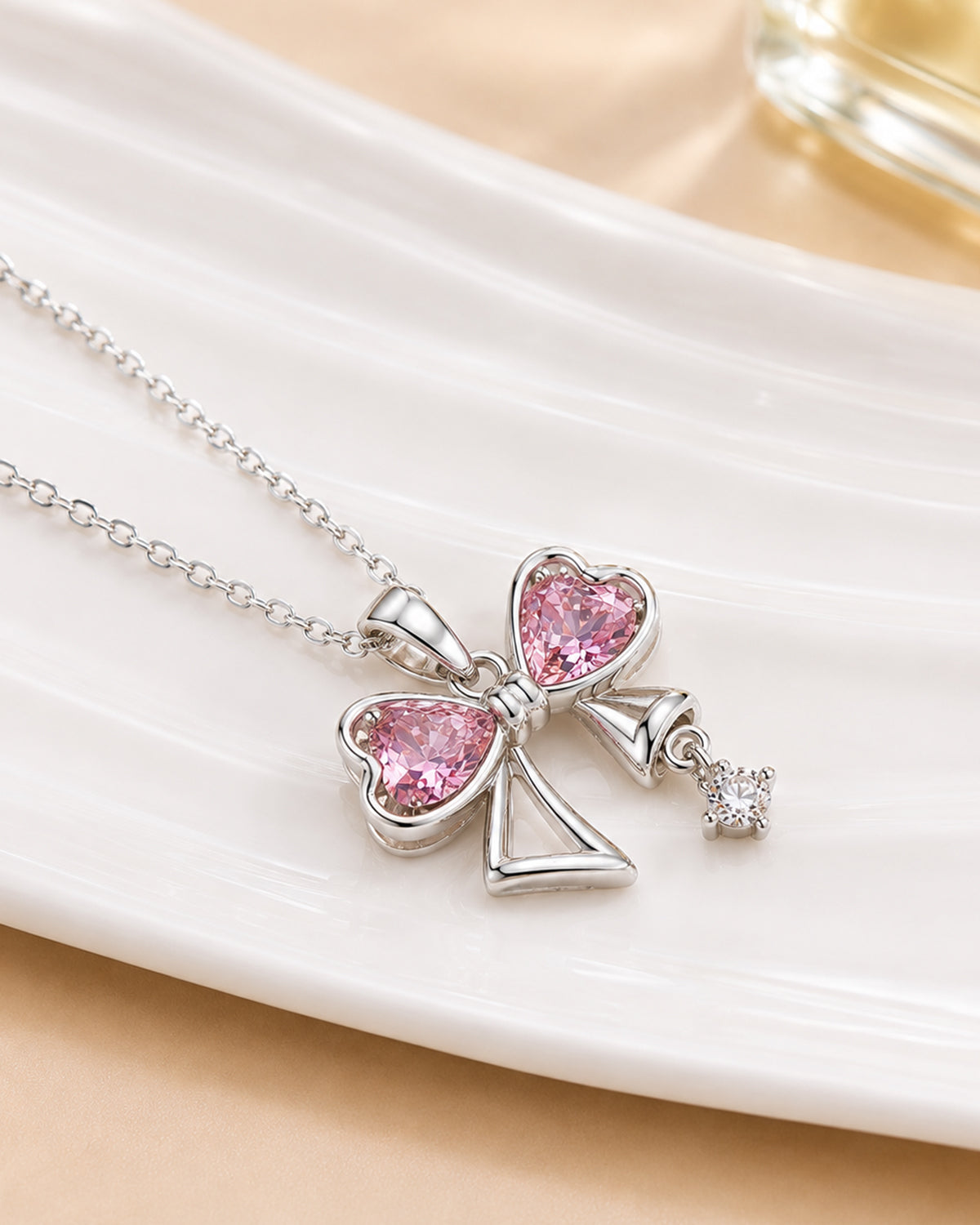 Pink Heart Bow Pendant Necklace – Silver Finish
