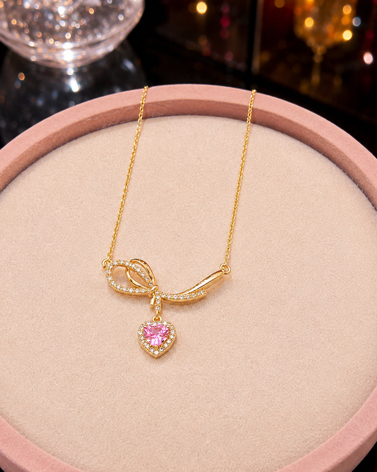 Pink Heart Bow Pendant Necklace