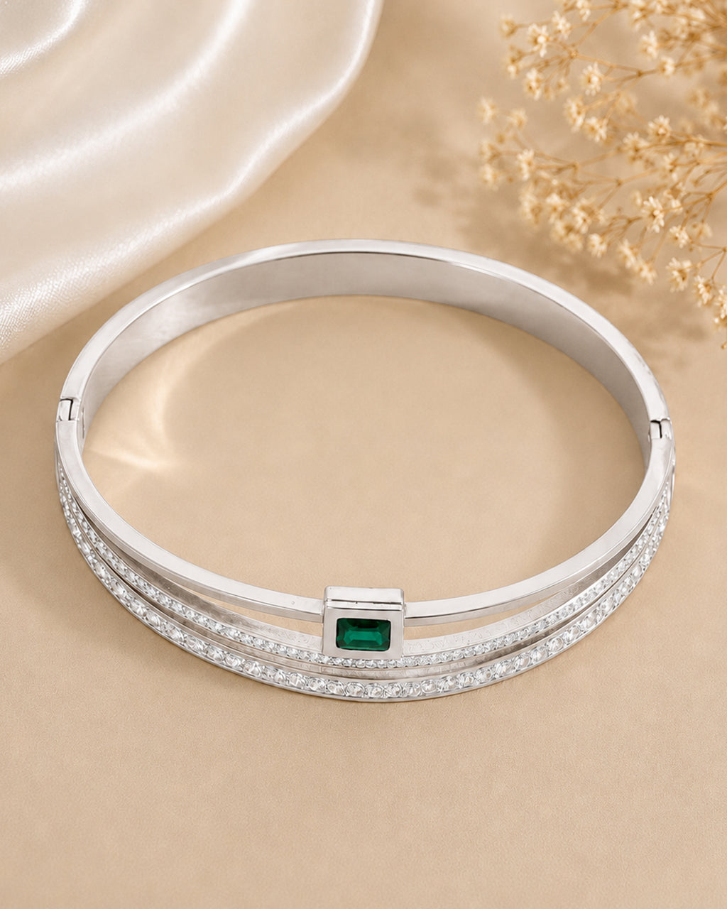 Emerald Accent Open Cuff Bracelet – Silver Tone