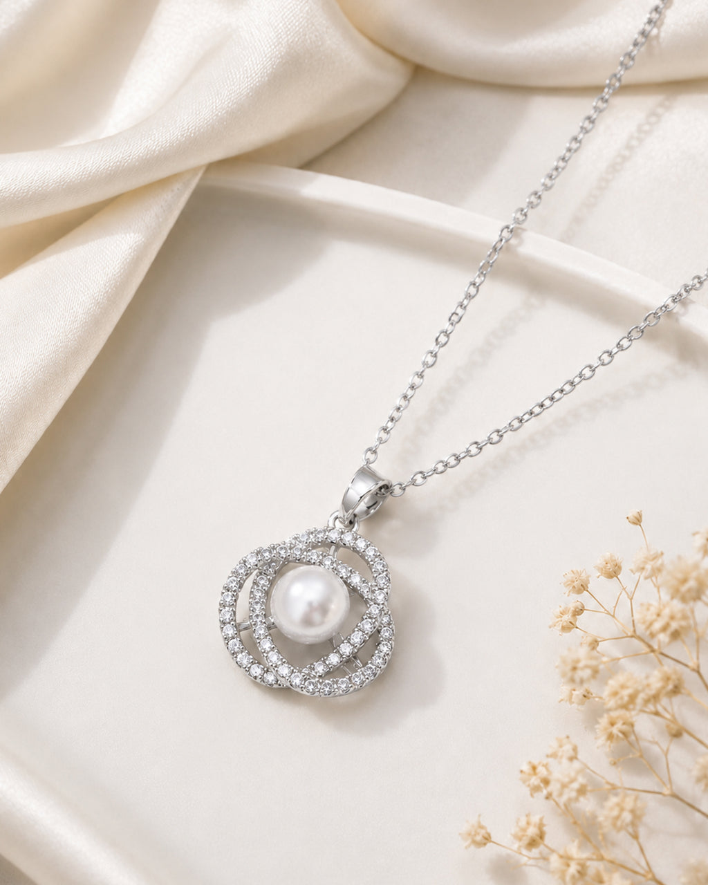 Elegant Pearl Swirl Pendant Necklace – Silver Finish
