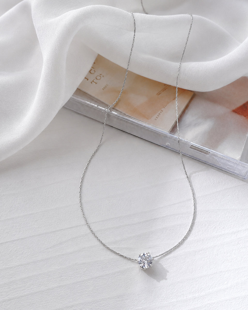 Classic Round Solitaire Crystal Necklace – White Gold Finish