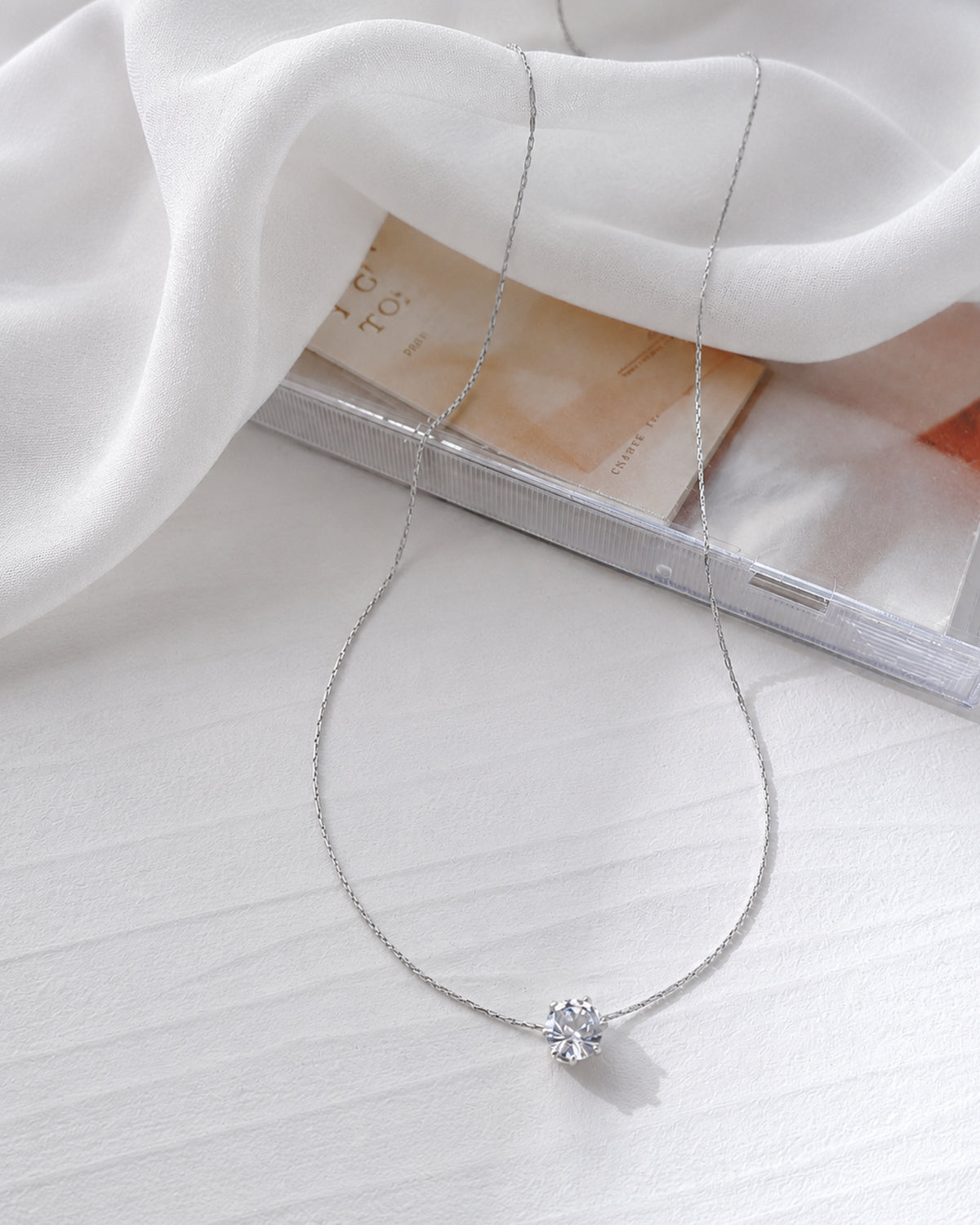 Classic Round Solitaire Crystal Necklace – White Gold Finish